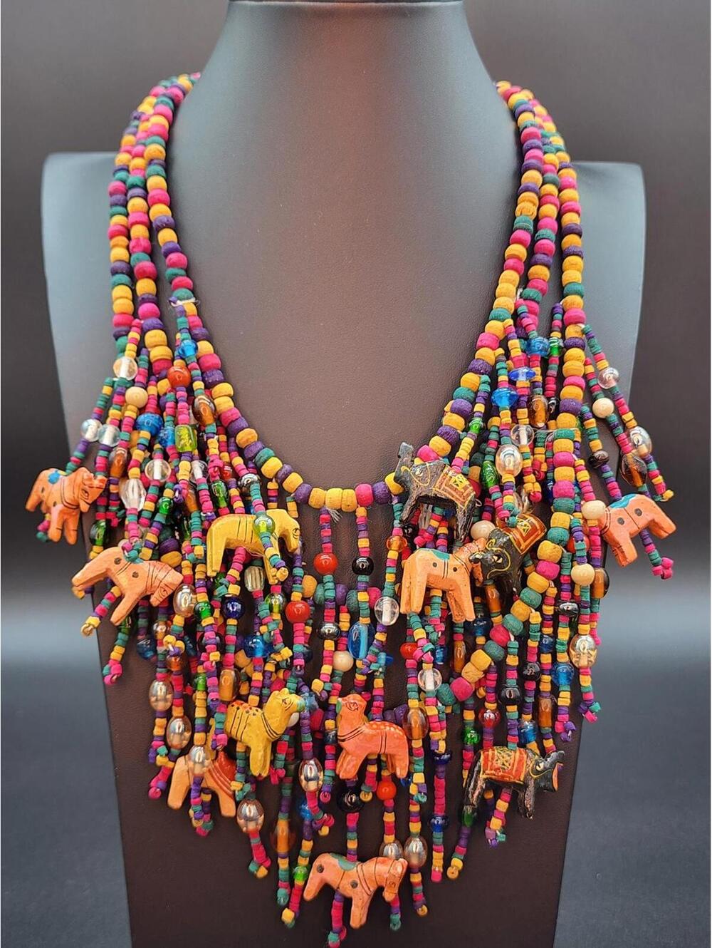 Massive Vintage Nepal Animal & Rainbow Colored Glass Bead Multistrand Necklace